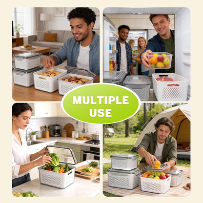 5 Pack Fruit Storage Containers for Fridge, Plastic Fruit Containers Set | with Removable Colanders, Leakproof Fridge Organizers and Storage for Berry Vegetables Salad Lettuce Meat, Dishwasher Safe