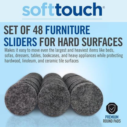 SoftTouch Assorted Size Round Mini Self-Stick Furniture Slider Felt Pads for Hard Surfaces, Noise-Reducing Adhesive Furniture Moving Pads for Beds, Sofas, Dressers, 46-Count, Brown