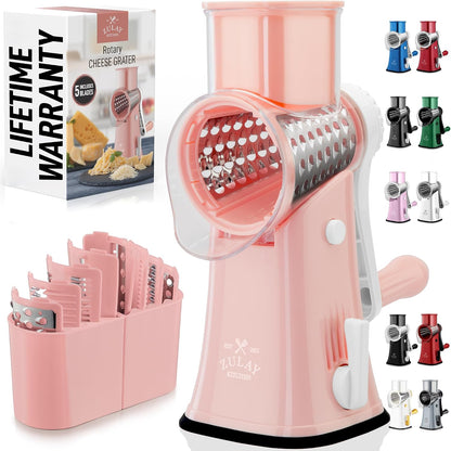 Zulay Kitchen Rotary Cheese Grater 5 Blade Cheese Shredder - Manual Hand Crank Cheese Grater With Reinforced Suction & 5 Interchangeable Drums - Easy to Use, Vegetable Chopper Round Mandoline Slicer - Colors B