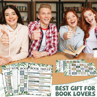 82Pcs Greenery Reading Themed Games Cards for Adults Eucalyptus Book Trivia Bingo Word Search Roll and Share Game Books Lover Party Supplies for School Classroom Book Club Library Activity Birthday