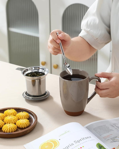 MALACASA Ceramic Tea Mug with Lid and Stainless Steel Infuser, 18 oz Large Tea Cup for Loose Leaf Tea, Heat-Resistant, Microwave & Dishwasher Safe, Speckled Glaze Coffee & Tea Brewer Mug, Khaki Brown