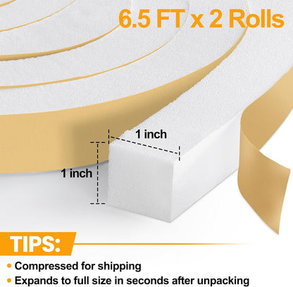 High Density Foam Tape Air Conditioner Window Seal, 1x1 Inch Thick Foam Stripe with Adhesive for Window AC Insulation, Weather Stripping for Doors and Windows Insulation, AC Foam Tape, White