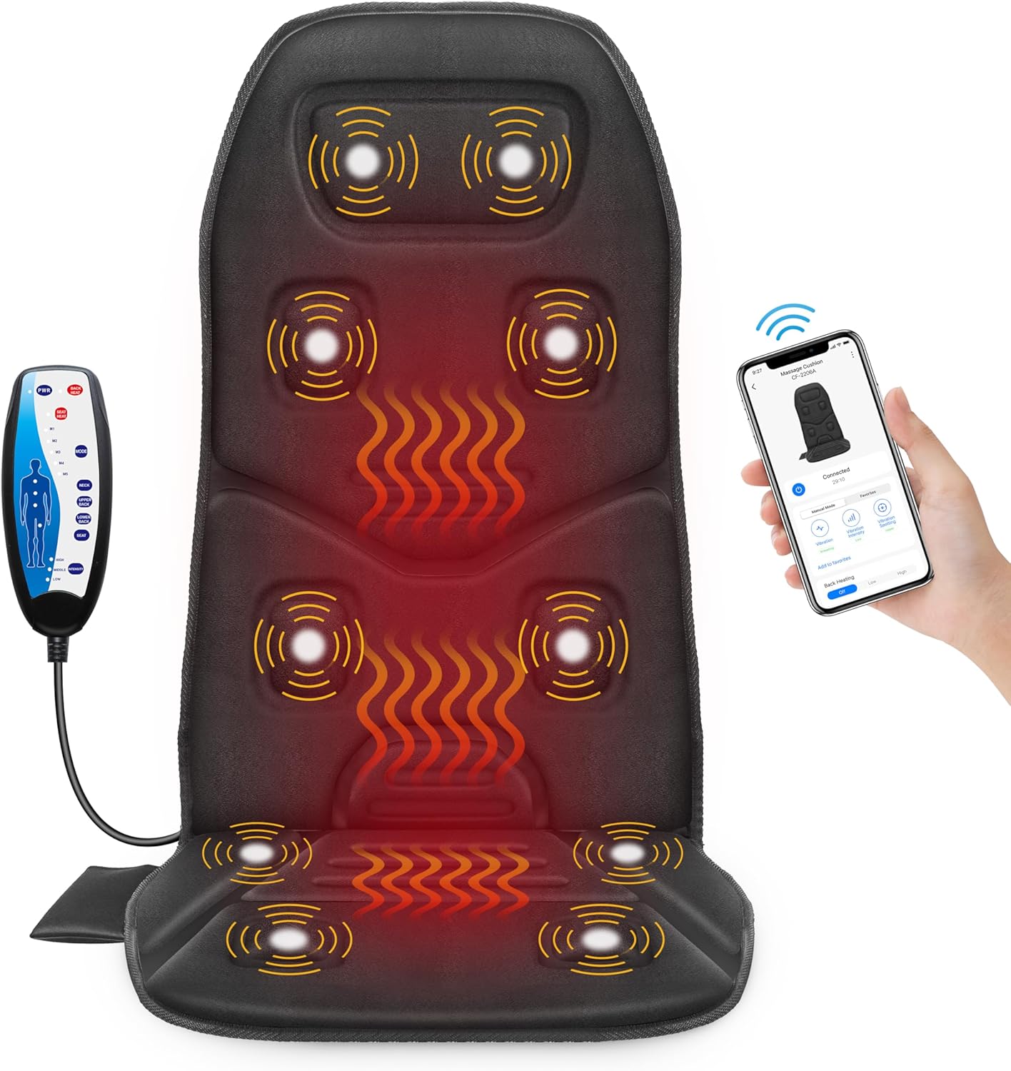 COMFIER Vibration Back Massager with Heat, 10-Motor Massage Seat Cushion for Chair, Graphene Heated Massage Chair Pad for Back, Lumbar & Thighs, 5 Modes, 3 Intensities, Home Office Recliner Gift