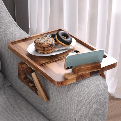 Acacia Wood Couch Arm Tray，Folding Sofa Armrest Table | Clip-On Couch Desk,Foldable, Non-slip,No Assembly，for Drinks Snacks Phone，Remote Control
