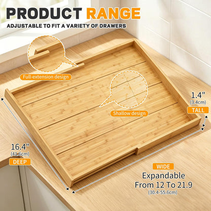 Bamboo Spice Drawer Organizer Expandable(Fits 2.6" Deep or Deeper Drawers), 4-Tier Spice Rack Drawer Insert for Kitchen Cabinets(12" - 22" Width),Adjustable Seasoning Storage Insert(Jars Not Included)