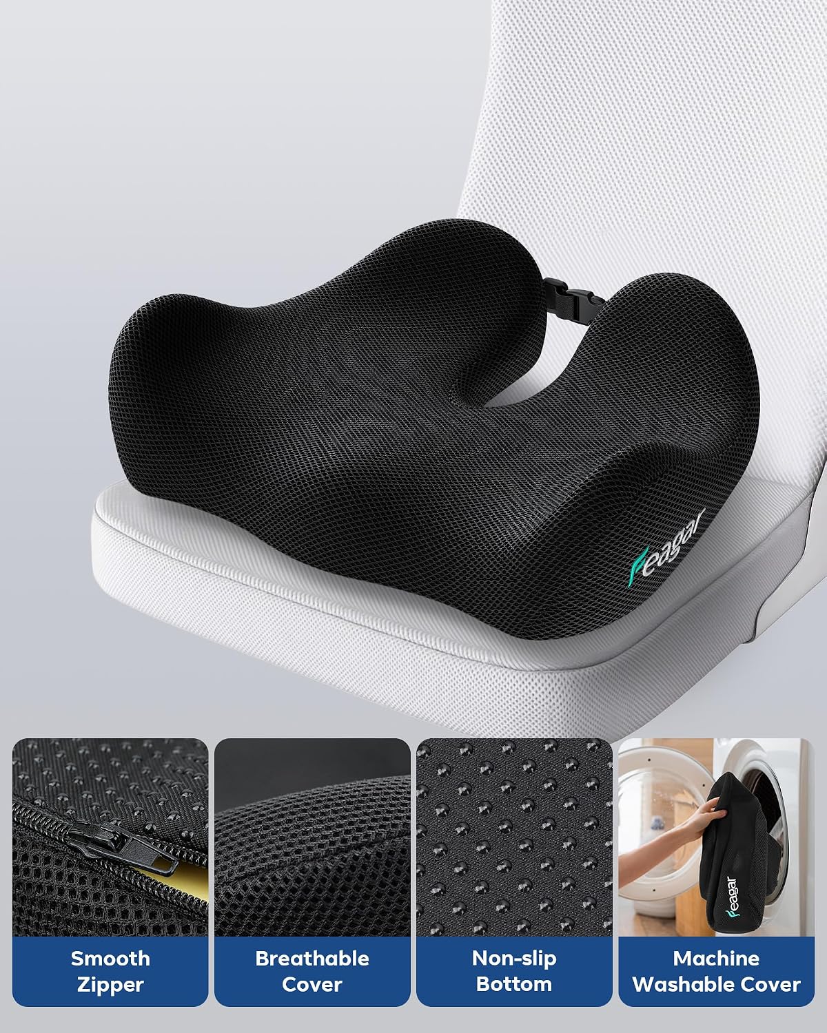 Seat Cushion for Office Chair - Memory Foam Tailbone Cushion | for Desk Chair, Car Seat and Wheelchair - Ergonomic Chair Pad for Hip and Lower Back Comfort - Washable Mesh Cover