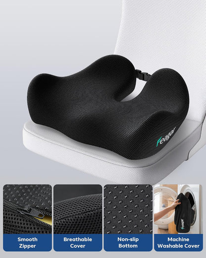 Seat Cushion for Office Chair - Memory Foam Tailbone Cushion | for Desk Chair, Car Seat and Wheelchair - Ergonomic Chair Pad for Hip and Lower Back Comfort - Washable Mesh Cover