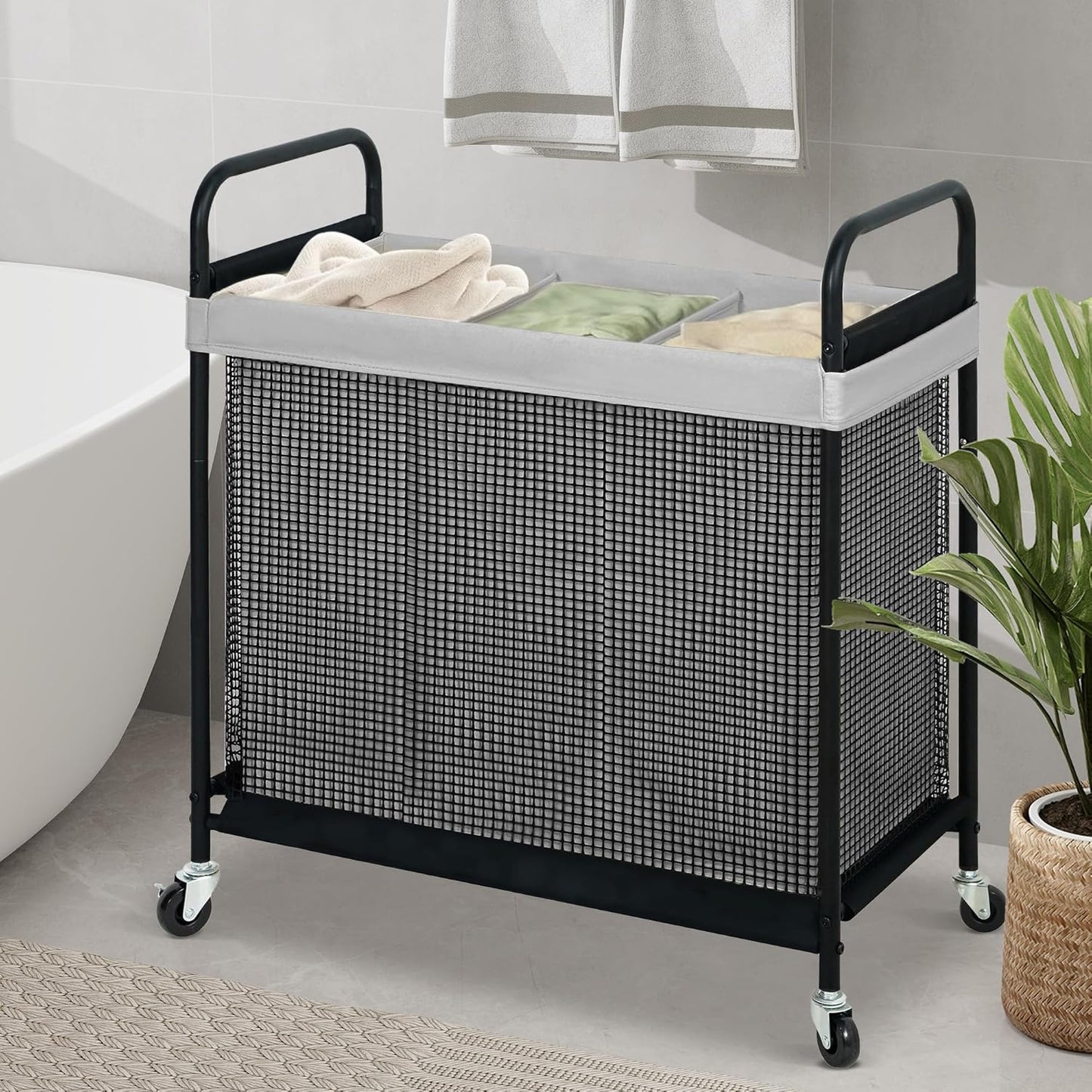 STO STO Laundry Hamper 2 Section, 100L Rolling Laundry Sorter Cart with Removable and Washable Liner Bag, Clothes Hamper with Wheels and Metal Handle for Laundry Room and Bedroom
