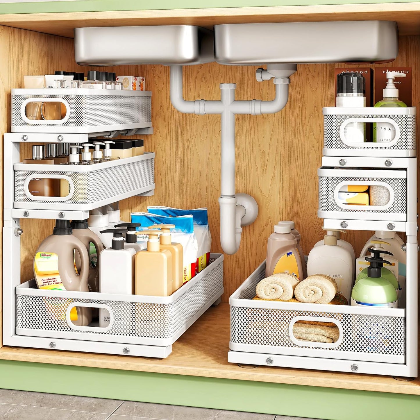 Kitstorack Under Sink Organizer, 2-Pack 3-Tier Height Adjustable Thickened Metal Pull out Cabinet Organizer Shelf, Slide out Storage Drawer Rack for Bathroom Kitchen Pantry Home Laundry Organization