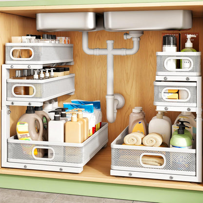 Kitstorack Under Sink Organizer, 2-Pack 3-Tier Height Adjustable Thickened Metal Pull out Cabinet Organizer Shelf, Slide out Storage Drawer Rack for Bathroom Kitchen Pantry Home Laundry Organization