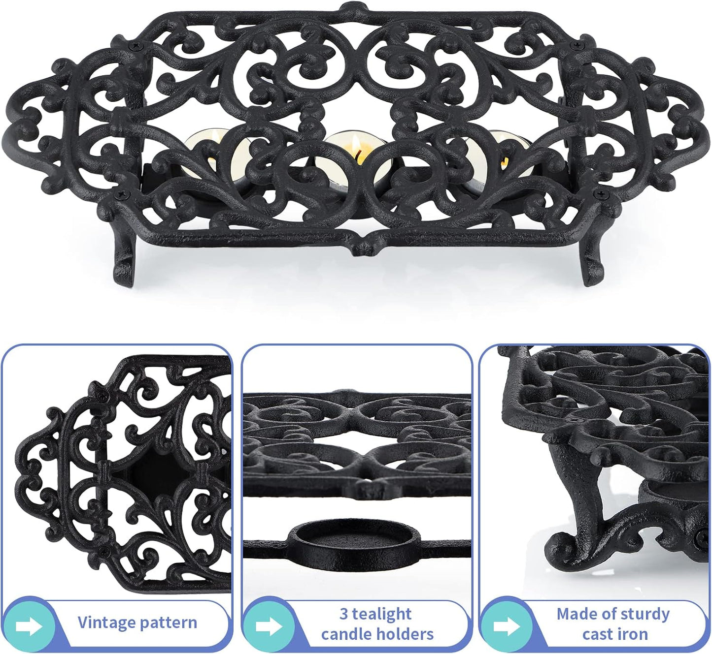 MOLIGOU Cast Iron Teapot Warmer, Teapot Warmer Stand with 3 Tealight Candle Holders, Teapot Heater Base