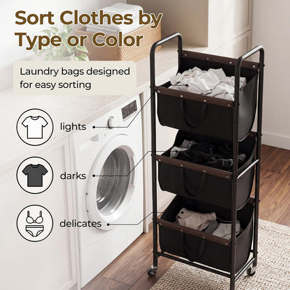 GRANNY SAYS 3 Tiered Laundry Sorter, Narrow Hamper Cart with Wheels | Sturdy 3 Section Laundry Basket with Wheels, Vertical Beige Hamper Cart for Bedroom, Bathroom, Apartment