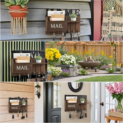 Rustic Wall Key Holder with Shelf & Hooks - Mail Organizer for Entryway | Wooden Key Rack for Keys, Coats, Dog Leash - Brown