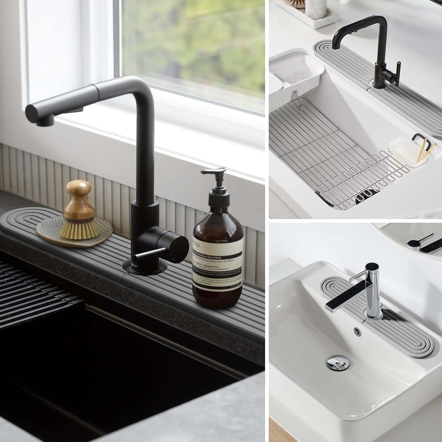 Stone Faucet Mat for Kitchen Sink – Diatomite Fast-Drying Stone Tray, Faucet Mat Sink Splash Guard, Decorative Sink Protector for Kitchen Bathroom Counter (Light Grey, 20''x3.9'')