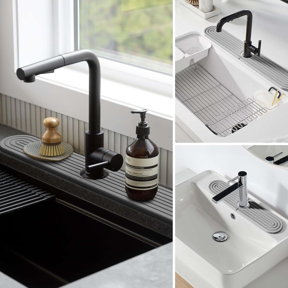 Stone Faucet Mat for Kitchen Sink – Diatomite Fast-Drying Stone Tray, Faucet Mat Sink Splash Guard, Decorative Sink Protector for Kitchen Bathroom Counter (Light Grey, 20''x3.9'')