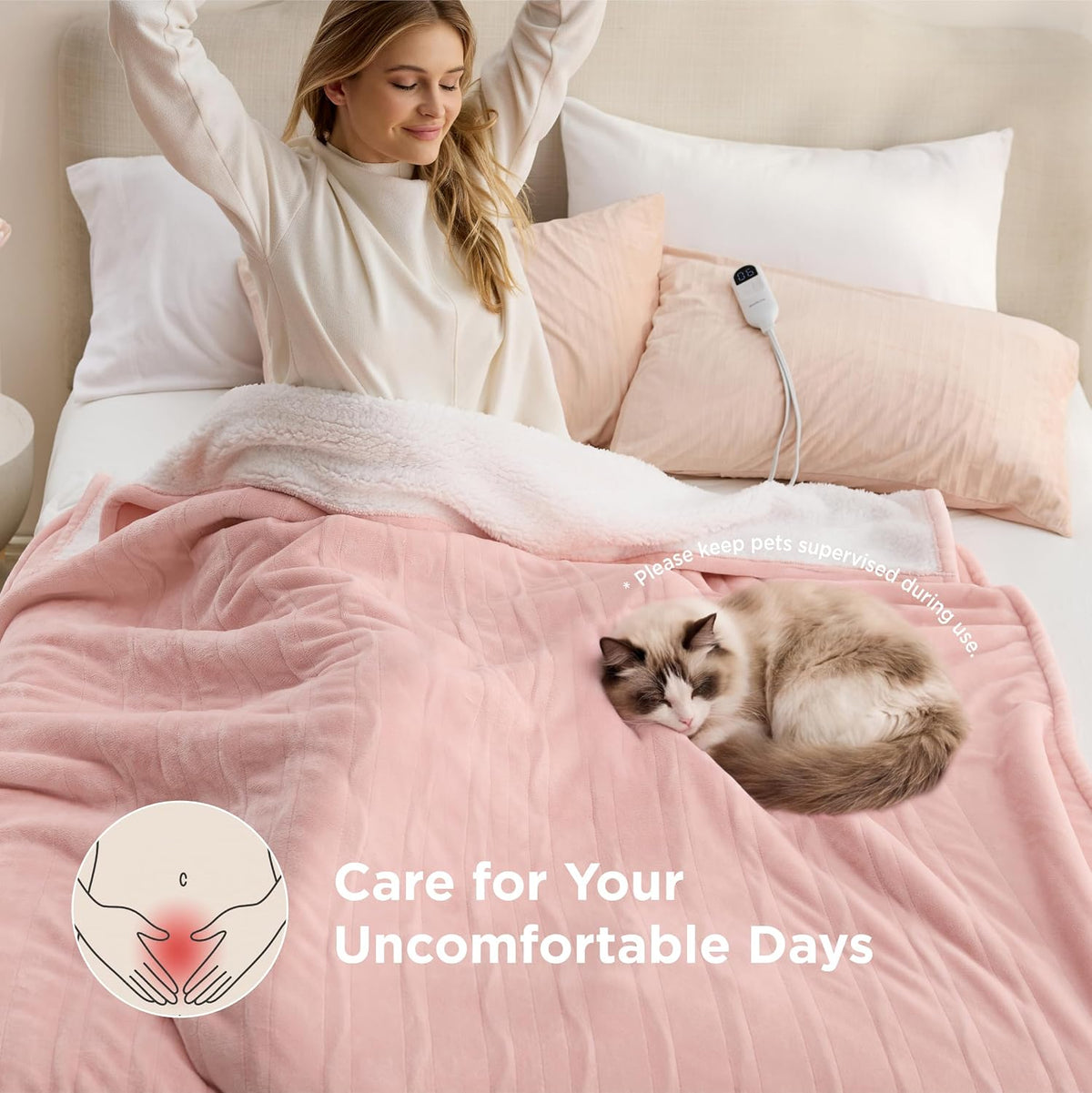 Bedsure Heated Blanket Throw, Soft Electric Blanket with Preheat, Cream
