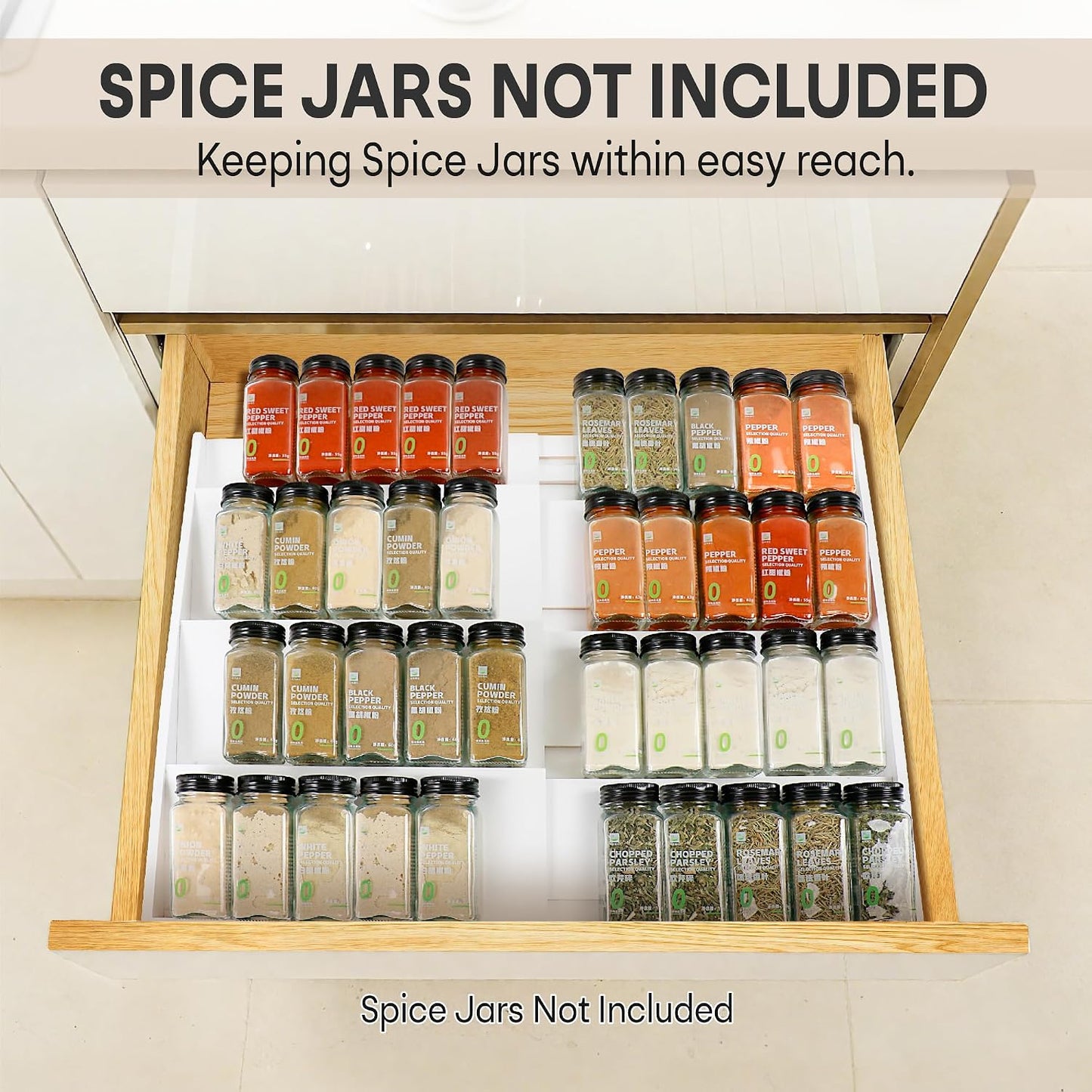 Bamboo Spice Drawer Organizer, 4-Tier Spice Rack for Cabinet | 12"-23" Expandable,No Assembly,Seasoning Storage Insert,(Need 3.1” Deep Drawer) Spice Organizer for Drawer,Jars Not Included