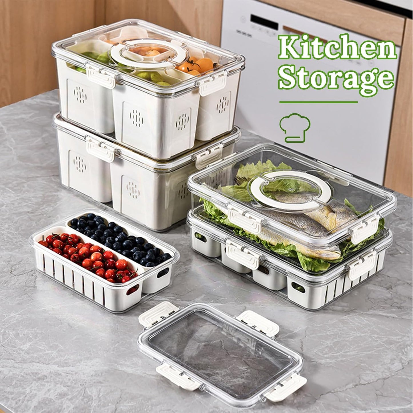 Fruit Storage Containers for Fridge with Lid and Handle, Veggie Tray Bins | Portable Fresh Produce Saver, Food Storage Container with 4 Removable Strainers,Salad Bar for Berry, Vegetable, Refrigerator