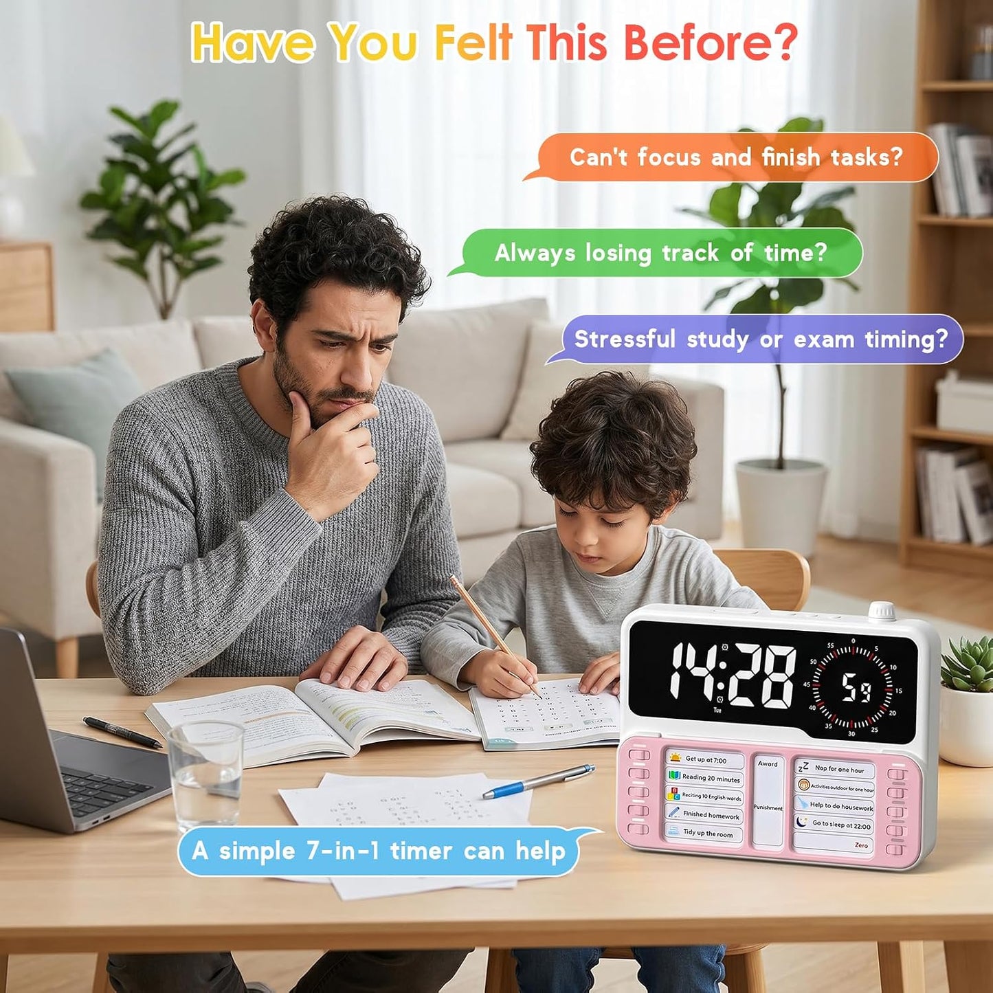 7-in-1 Visual ADHD Timer for Kids with Chore Chart Board, ADHD Tools Schedule for Kids with Autism, Alarm, Countdown, Date, Temperature, Storage, Daily Checklist for Home/School/Classroom/Desk(Pink)
