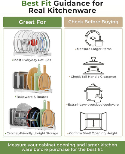 EVERIE Adjustable Cabinet Organizer for Pot Lids, Bakeware, Cookie Sheets & Cutting Boards, Upright Storage Rack for Kitchen Cabinet, Stable Dividers, 9.7" Deep, 12.6" to 21.5" Wide, GS02SS | 5mm Steel Dividers, Anti-Wobble, M-Slot for Lid Handles,
