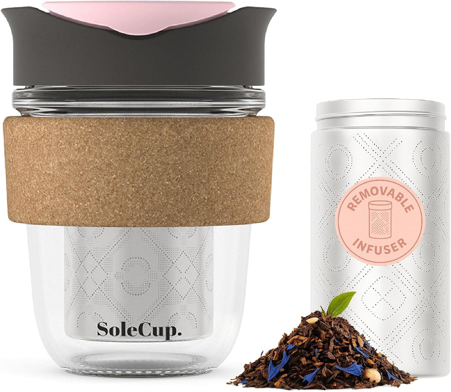 Large Travel Mug Loose Tea Infuser - Detachable Tea Strainer with Spill Proof Lid - 18oz/530ml BPA-Free Reusable Glass Travel Coffee Cup with Cork Band (Pink, 18oz)