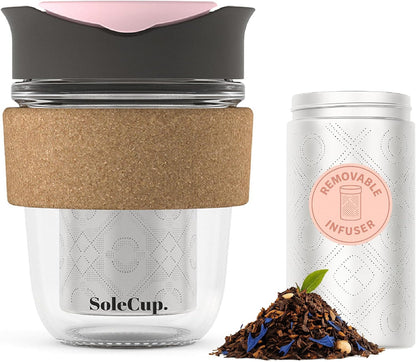 Large Travel Mug Loose Tea Infuser - Detachable Tea Strainer with Spill Proof Lid - 18oz/530ml BPA-Free Reusable Glass Travel Coffee Cup with Cork Band (Pink, 18oz)