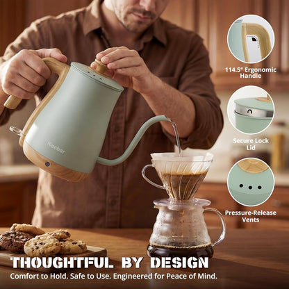 Gooseneck Electric Kettle, 0.8 L, 1000 W, Auto Shut-Off, Light Green | Compact 0.8 L Kettle With Stainless Steel Interior, Gooseneck Pour, Wood-Grain Handle, Auto Shut-Off And Boil-Dry Protection