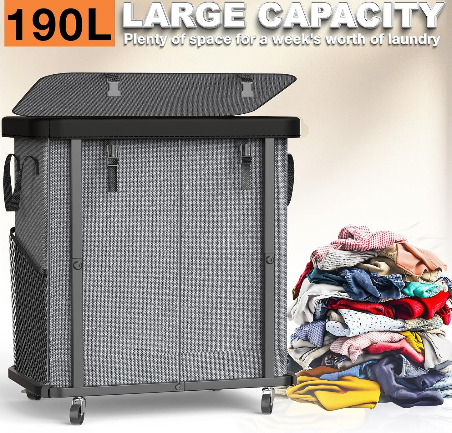 Laundry Hamper with Wheels,150L Leather Patchwork Clothes Hamper Black | Rolling Laundry Basket with Sturdy Metal Frame, Removable Washable Bag,Tall Clothes Sorter for Bedroom, Laundry Room, Dorm