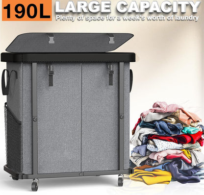 Laundry Hamper with Wheels,150L Leather Patchwork Clothes Hamper Black | Rolling Laundry Basket with Sturdy Metal Frame, Removable Washable Bag,Tall Clothes Sorter for Bedroom, Laundry Room, Dorm
