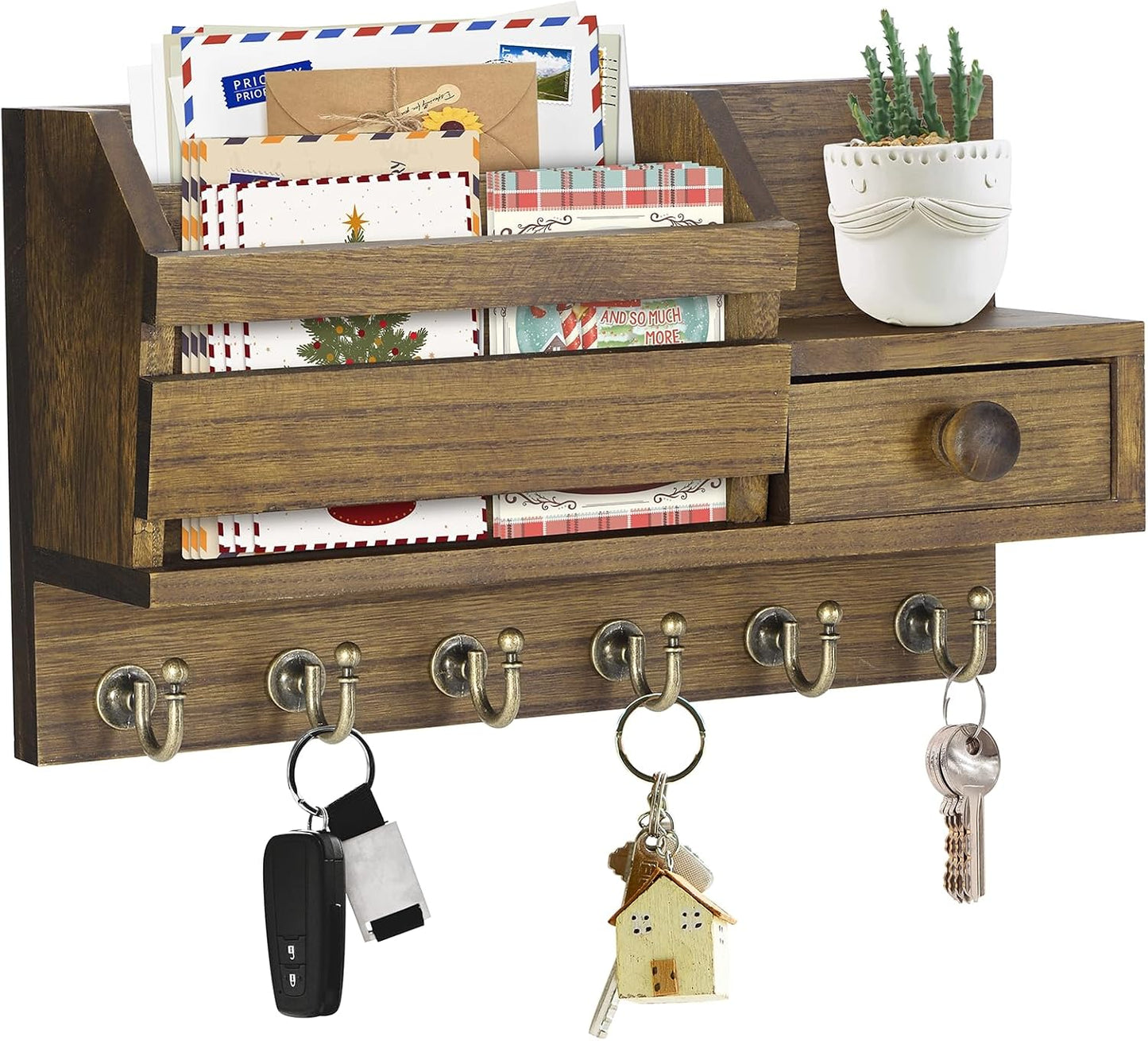 VIS'V Key Holder Wall Mount, Wooden Mail and Key Organizer, White | Contains Little Drawer, Small Shelf, 2 Slots, 6 Hooks, for Entryway, Hallway, Doorway, Kitchen, Garage, RV