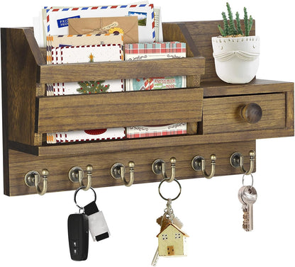 VIS'V Key Holder Wall Mount, Wooden Mail and Key Organizer, White | Contains Little Drawer, Small Shelf, 2 Slots, 6 Hooks, for Entryway, Hallway, Doorway, Kitchen, Garage, RV