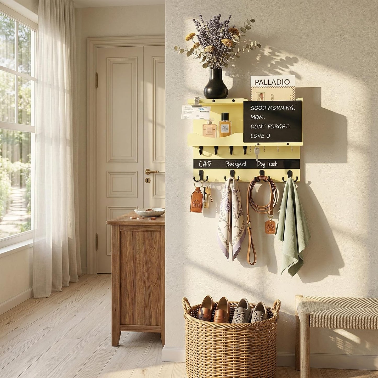 Key Holder for Wall Mount with Shelf and Mail Organizer, Key and Mail Holder with 16 Hooks, Farmhouse Entryway Organizer, Home Decor Rack (Pine Wood, White Washed)