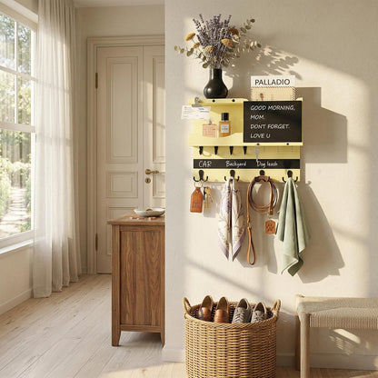 Key Holder for Wall Mount with Shelf and Mail Organizer, Key and Mail Holder with 16 Hooks, Farmhouse Entryway Organizer, Home Decor Rack (Pine Wood, White Washed)