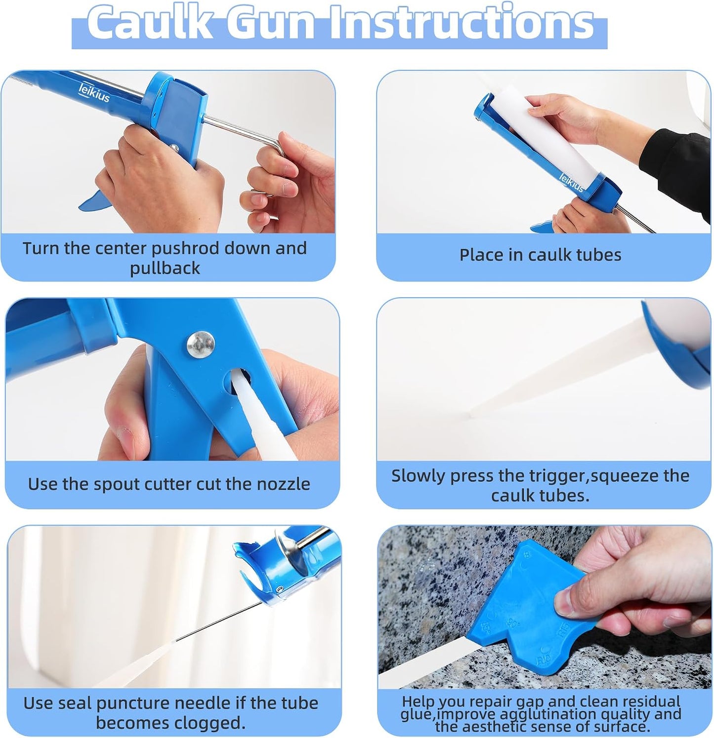 Caulk Gun Kit Smooths No-drip Silicone Caulking Gun and Caulking Tools, Sealant Tools Grout Scraper For Kitchen Bathroom Sink Joint,With Gift Box Works 10OZ Tubes blue