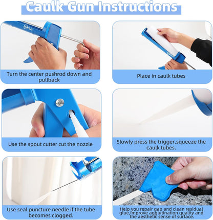 Caulk Gun Kit Smooths No-drip Silicone Caulking Gun and Caulking Tools, Sealant Tools Grout Scraper For Kitchen Bathroom Sink Joint,With Gift Box Works 10OZ Tubes blue