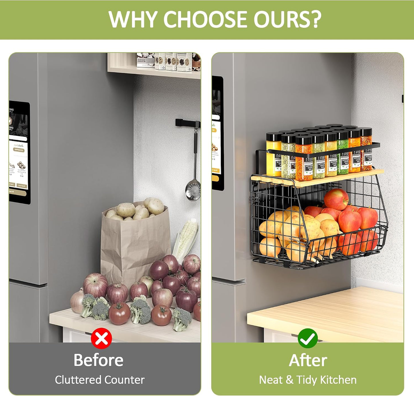 2 Pack Magnetic Shelf for Fridge, Fruit Potato Onion Storage Bins | Magnetic Basket with Lid, Side of Fridge Storage, Produce Basket for Fruits Vegetables Spices, Kitchen Pantry Organizer