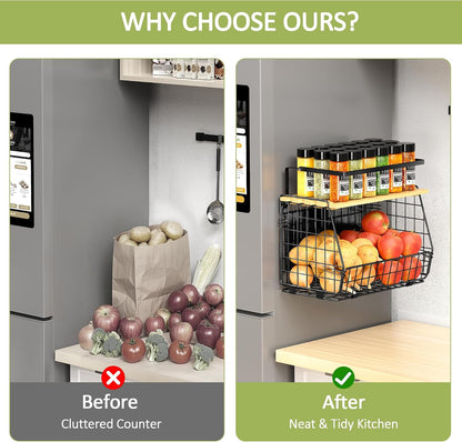 2 Pack Magnetic Shelf for Fridge, Fruit Potato Onion Storage Bins | Magnetic Basket with Lid, Side of Fridge Storage, Produce Basket for Fruits Vegetables Spices, Kitchen Pantry Organizer