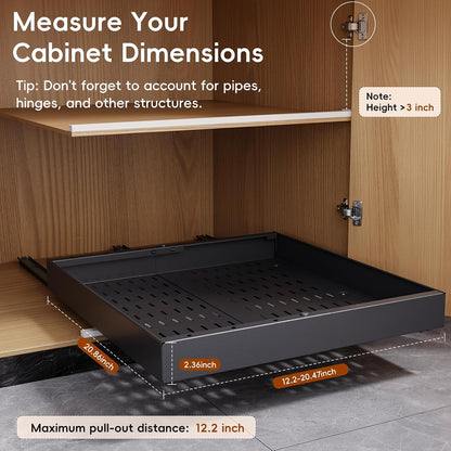Pull Out Cabinet Organizer, 21"Deep Slide Out Drawers for Kitchen Cabinets | Adjustable Width 12.05"-20.4", For Framed/Frameless cabinets, No Drill Adhesive, 3‑Rail Smooth Glide, Height-Raising Pads