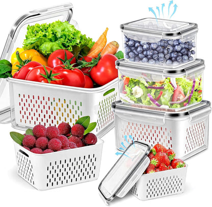 8 Pieces Fruit Storage Containers for Fridge with Lids and Strainer | 4Pack Fruit Containers for Fridge, Fresh Produce Saver Keeper for Vegetable Fruit Salad, BPA Free Organizer for Refrigerator