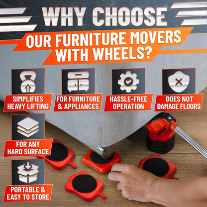 660 lb Furniture Movers with Wheels for Heavy Items (Red) | Heavy Duty Furniture Lifter Tool with 4 Sliders & 13" Lever for Hardwood, Tile & Laminate; Move Sofas, Beds & Refrigerators