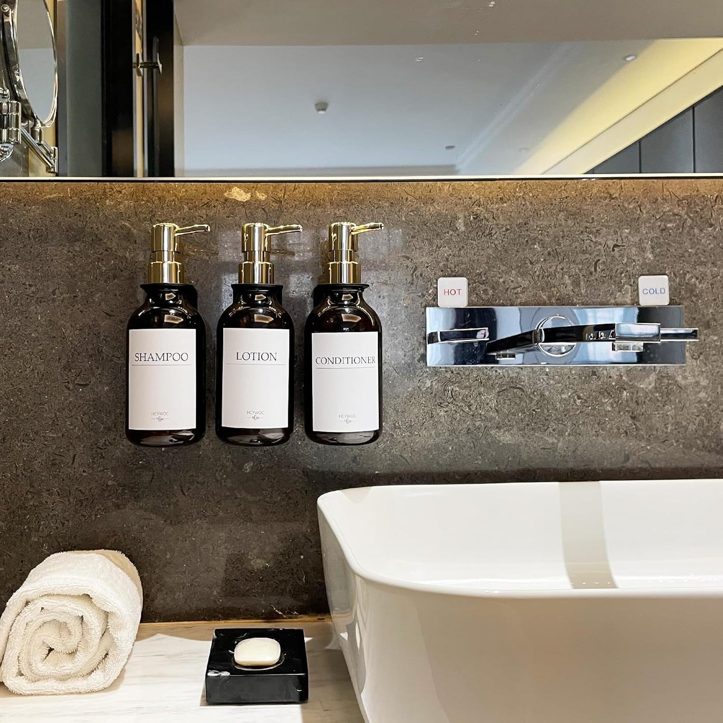 3 Pack Wall Mount Shower Dispenser, No Drill, 16 Waterproof Labels | Shampoo Dispenser for Shower Wall, Shampoo and Conditioner Dispenser, Bathroom, 17oz, Gold Amber