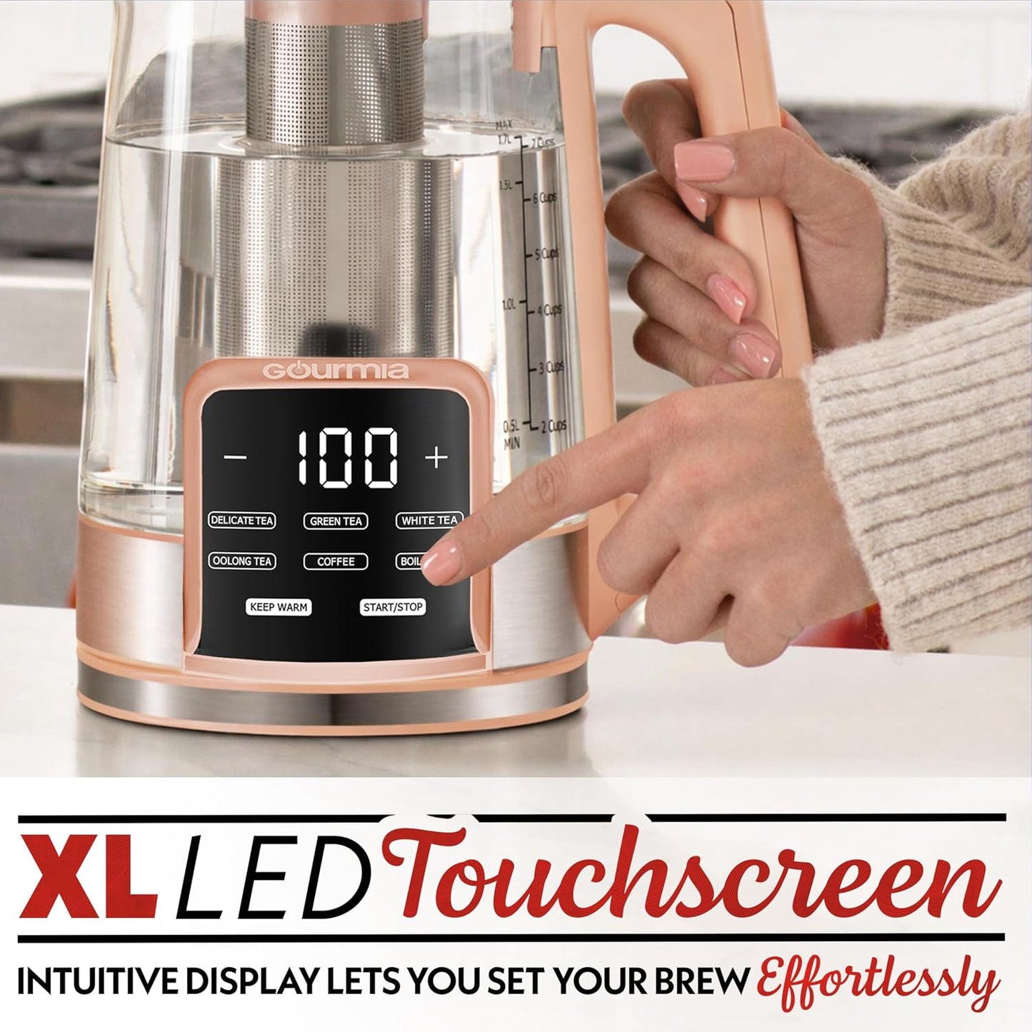 Gourmia Electric Glass Kettle – 1.7L Programmable Tea & Coffee Brewer with Digital Touch Display, 6 Presets, Removable Stainless Steel Infuser, Cordless with 360° Swivel Base, Black