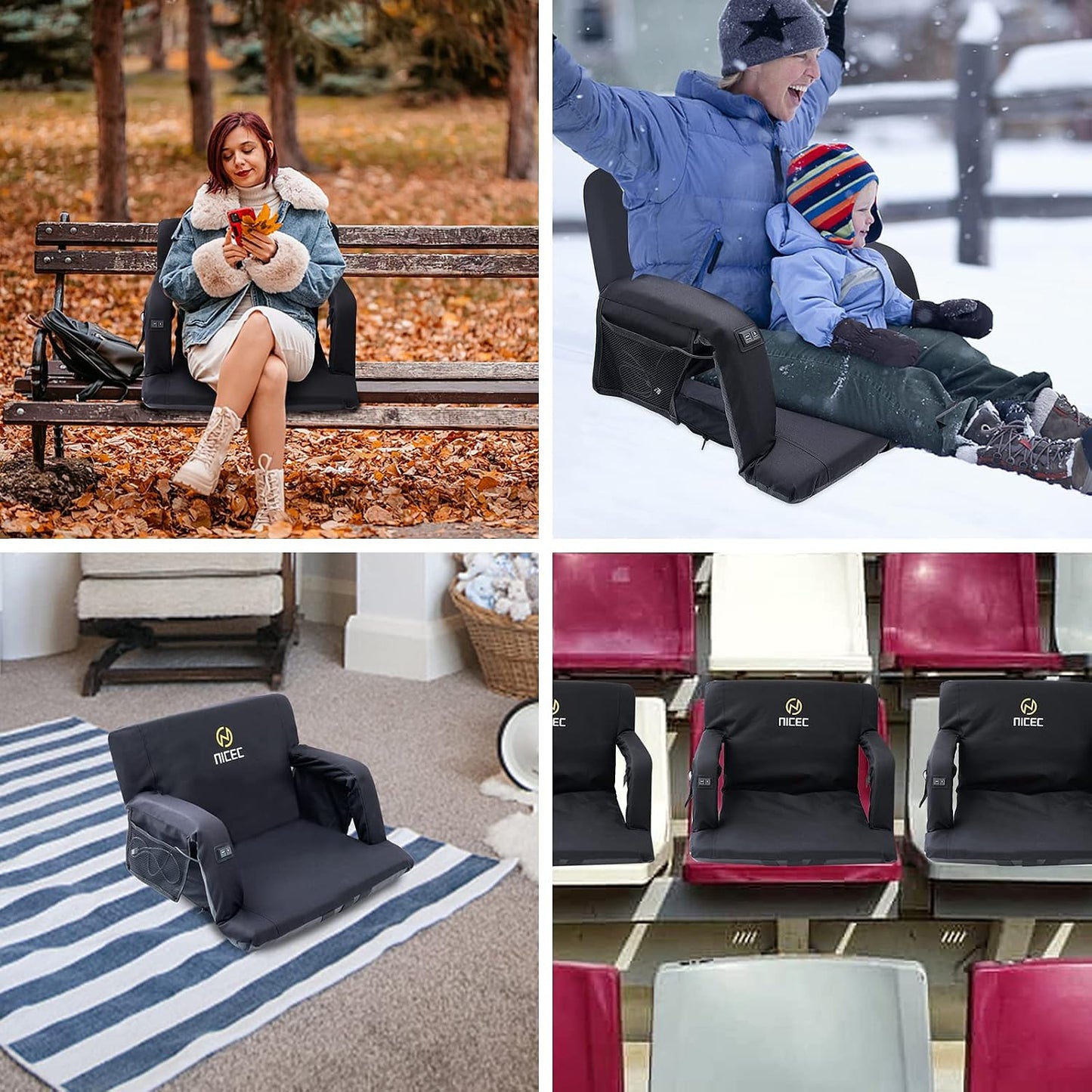 Nice C Heat Massage Stadium Seat, Reclining Bleacher Seat (Regular 1 Pack) | Foldable Floor Arena Chair, Waterproof Stadium Cushion, Thick Padding, Back Support, Shoulder Straps, Side Pockets
