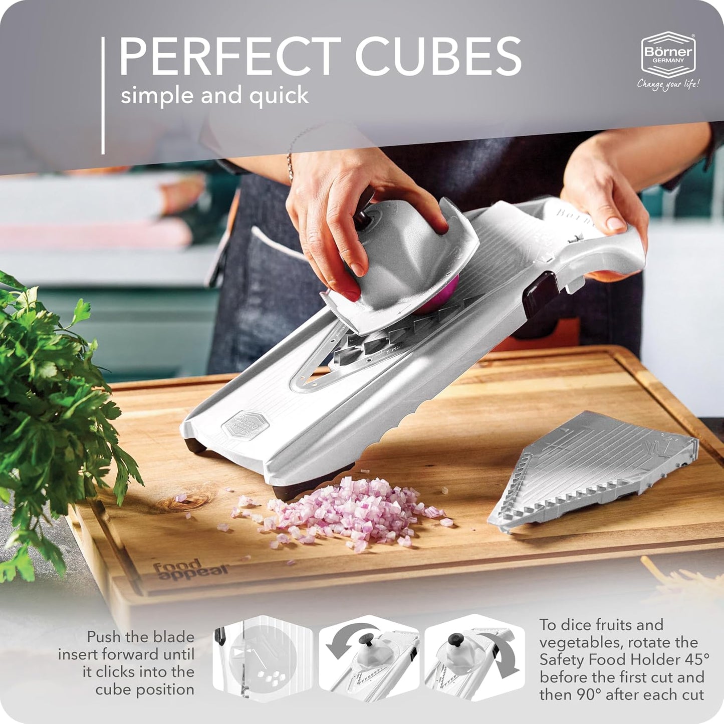 Mandoline Food Slicer Börner V5 (Profi Set) by Reston Lloyd • V-Slicer with 4 Inserts, Docking Station & Food Holder • Made in Germany • Fruit & Vegetable Chopper • Multiple Settings • Color: Lime