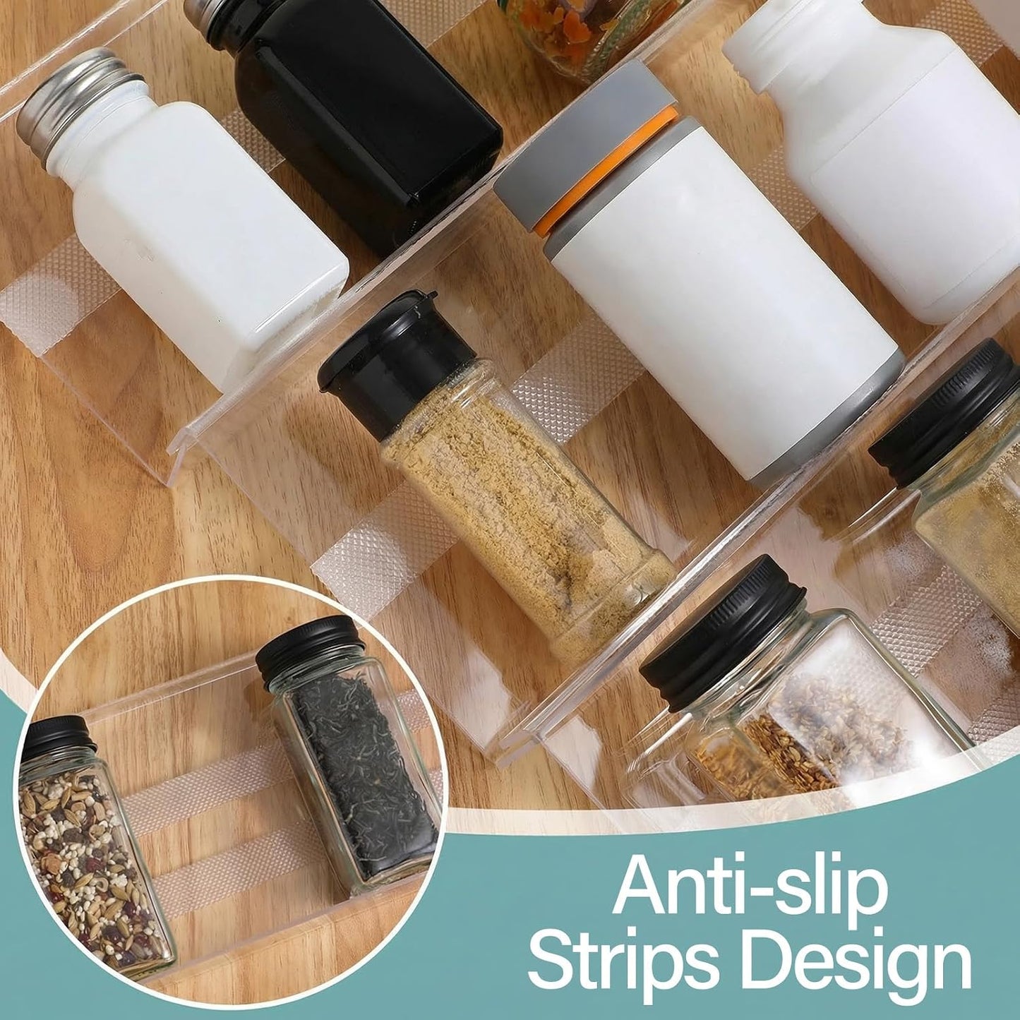 8 Pack Spice Drawer Organizer with 18 Anti-Slip Mats, 13" to 26" Expandable Acrylic Seasoning Organizer Rack Tray Kitchen Spice Rack Drawer Holds up to 56 Jars (Jars Not Included)