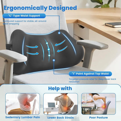 Lumbar Support Pillow, Memory Foam Back Cushion for Office Chair Car, Black | Ergonomic Lower Back Support with Adjustable Strap, Breathable Removable Cover for Couch, Wheelchair and Daily Comfort