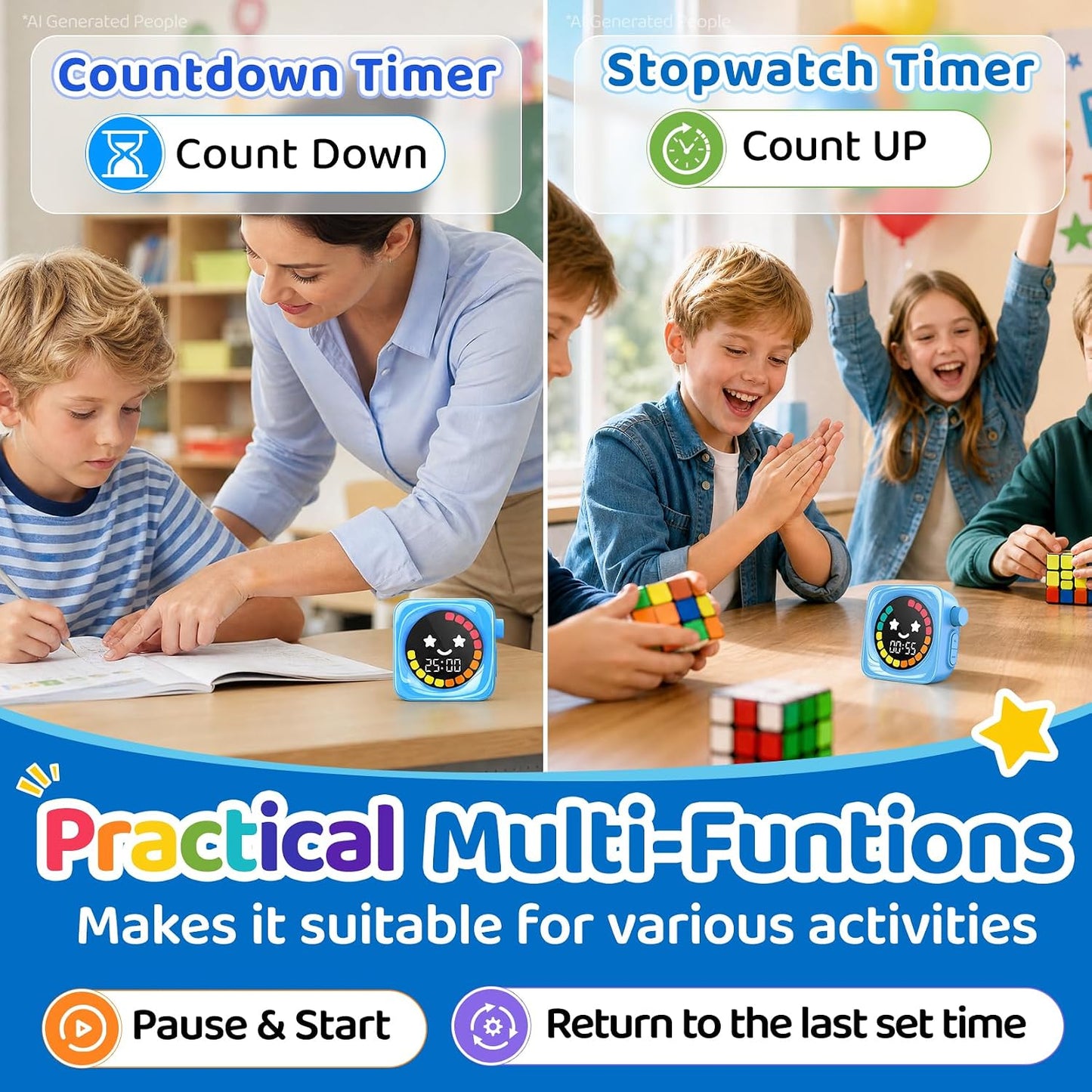 Visual Timer for Kids, 99 Minute Digital Cute Kids Visual Timer Classroom Timer for Homeschool Supplies Study Teaching Time Management Tool Countdown Productivity Timer, Blue, Colorful Display