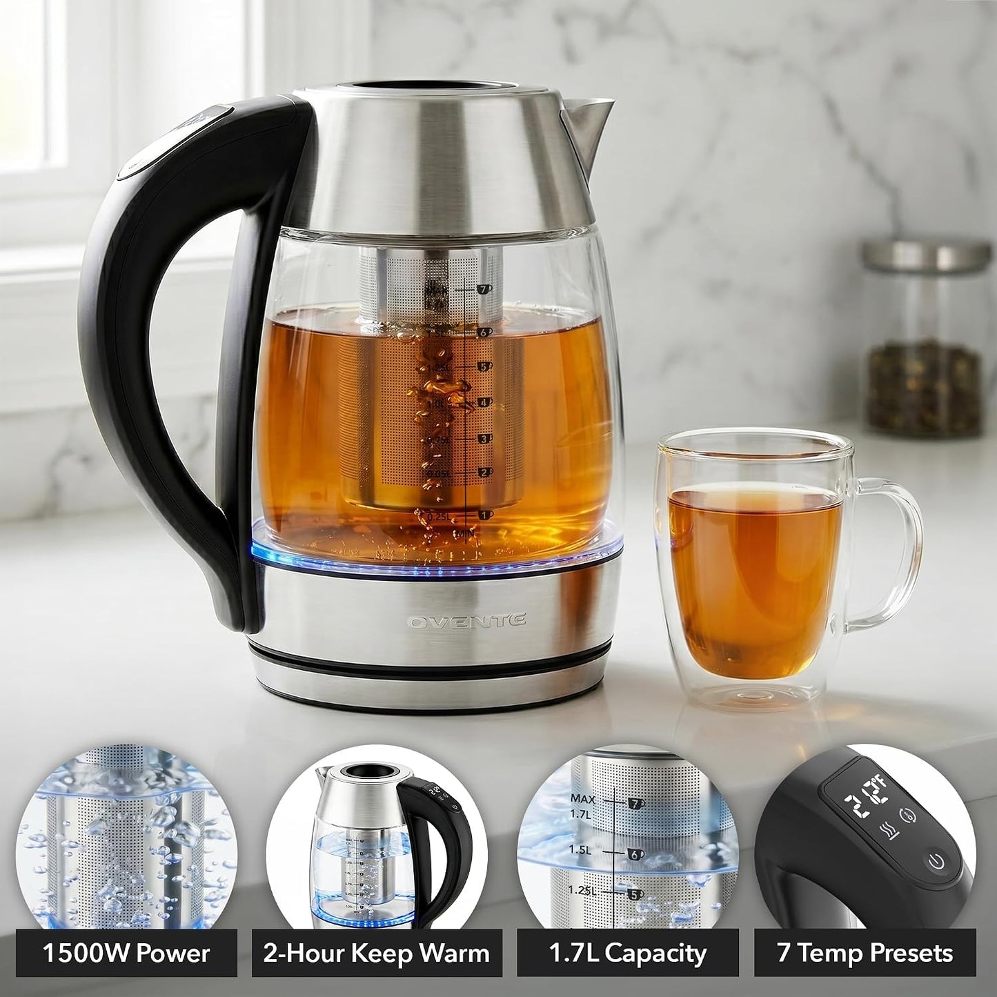 OVENTE 1.8L Glass Electric Kettle with Tea Infuser, Silver KGD752S | 1500W Fast Boiling, Easy Fill Lid, 7 Temperature Control, Keep Warm, Digital Display, Auto Shut-Off, Boil-Dry Protection