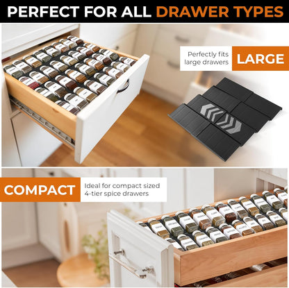 ALCOVA Spice Drawer Organizer Expandable 9-18" Black (Jars Not Included) | Black 4-tier expandable spice drawer organizer 9-18". Holds 16-32 4oz jars. Tool-free custom kitchen cabinet storage