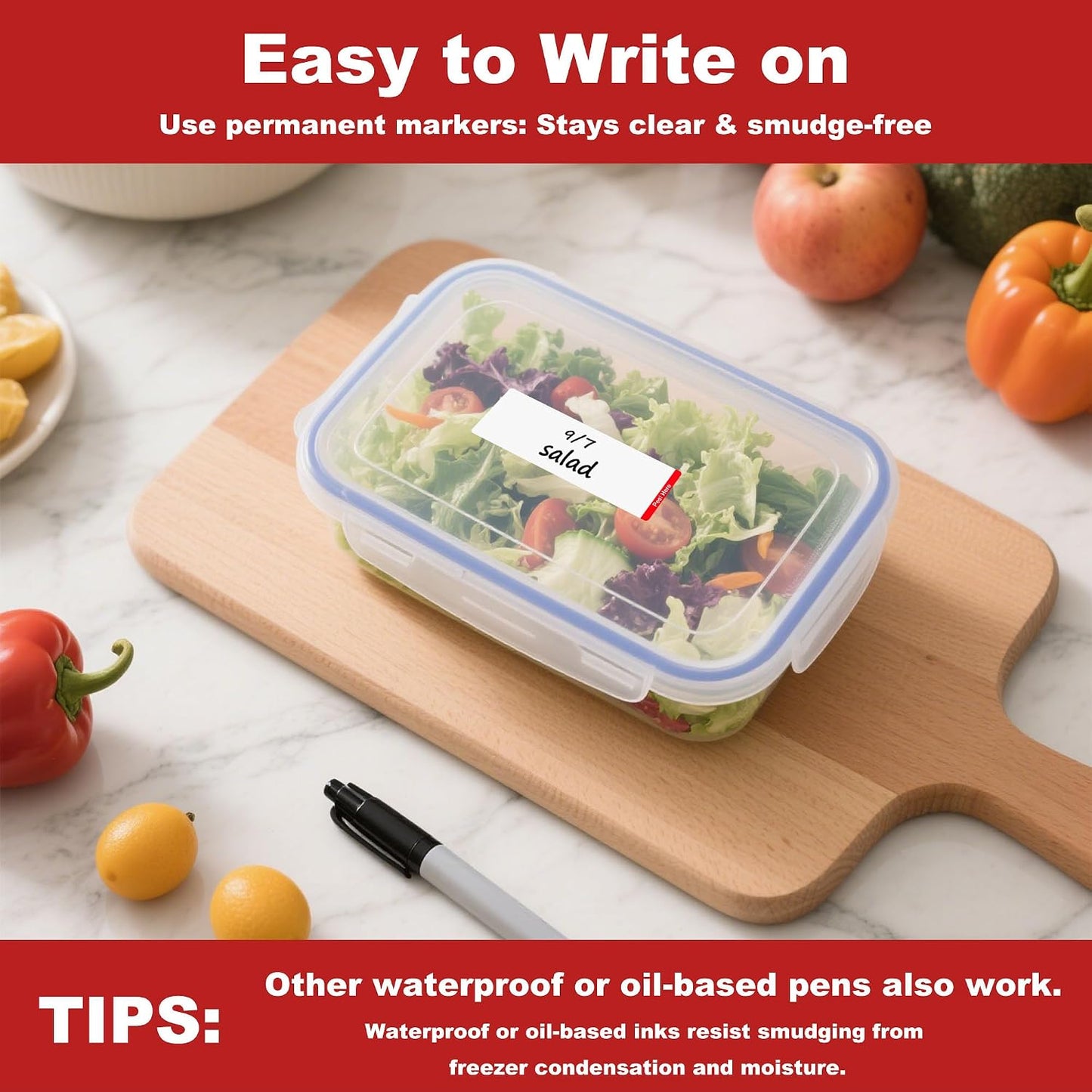 Removable Freezer Labels with Dispenser, 1" x 3", 1 Box (Red) | Writable, remove no residue, waterproof & oilproof, easy peel-off design, 300 labels per box, for meal prep containers